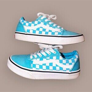 Vans Old Skool Unisex Kids Low Top Canvas Sneakers Blue/White Check Lace Up 3